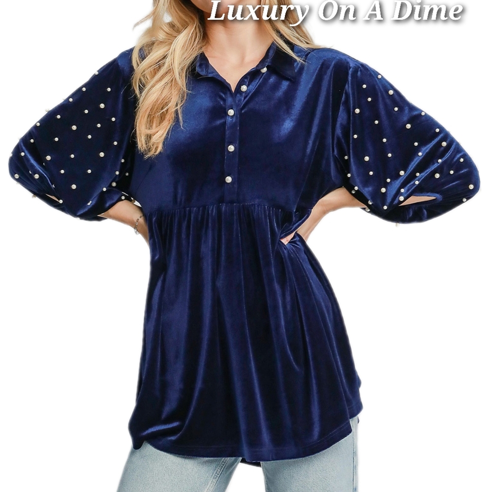 Umgee Pearl Velour Boho Oversized Tunic Top Babydoll Button Shirt Velvet Blouse